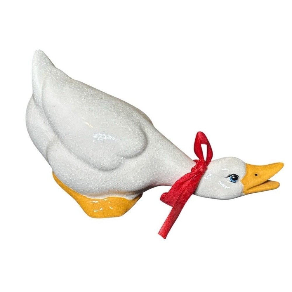Vintage Ceramic Goose Duck Figurine‎ White with Red Ribbon